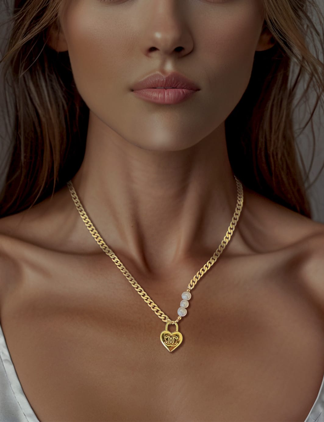Refurbished Perlisse CC necklace on model Refurbished Perlisse CC necklace