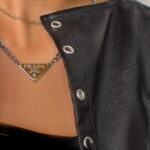 Repurposed Prada plaque necklace caramel nude