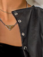Repurposed Prada plaque necklace caramel nude