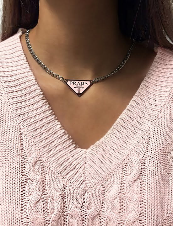 Alabaster pink Prada plaque necklace on