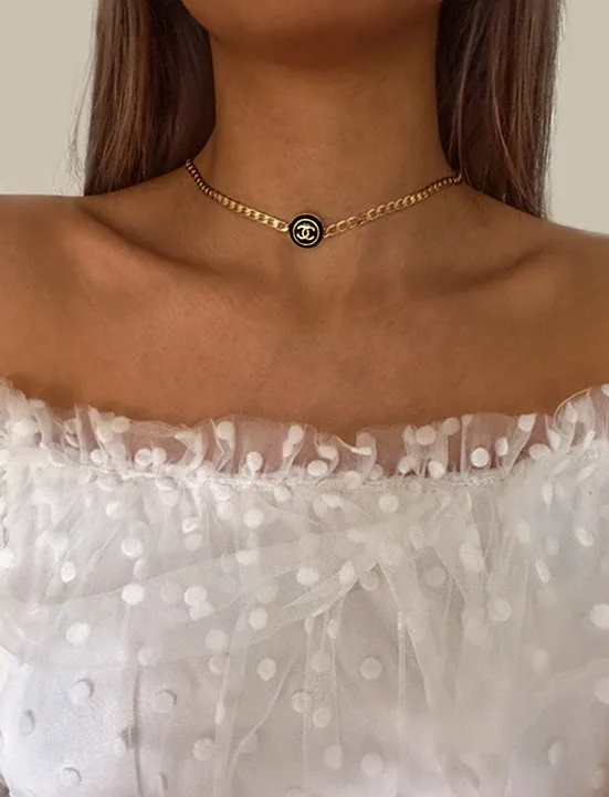 Affordable Reworked Chanel Choker Black Gold Tag 14