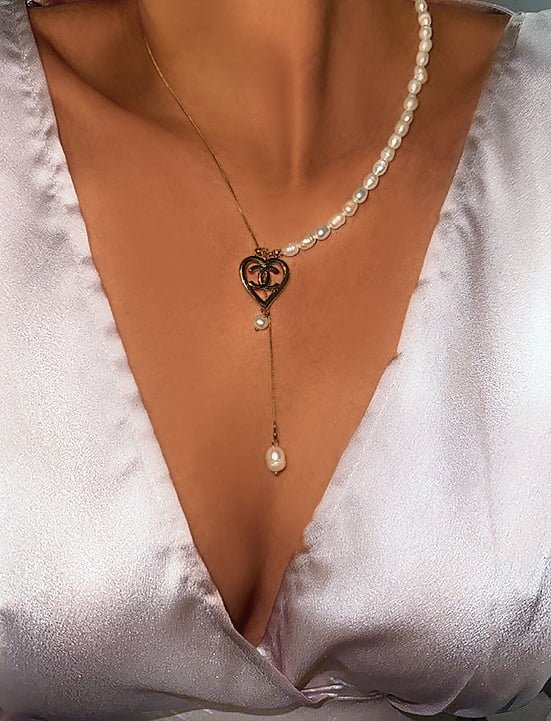 Repurposed Dreamy Chanel Heart Necklace Real Freshwater Pearls